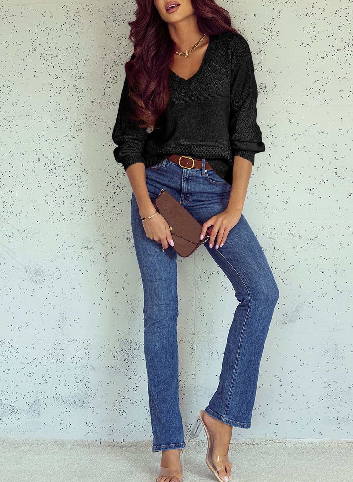 Lightweight V Neck Crochet Oversized Sweater for Women - Casual Long Sleeve Hollow Out Knit Pullover in Black, Size M