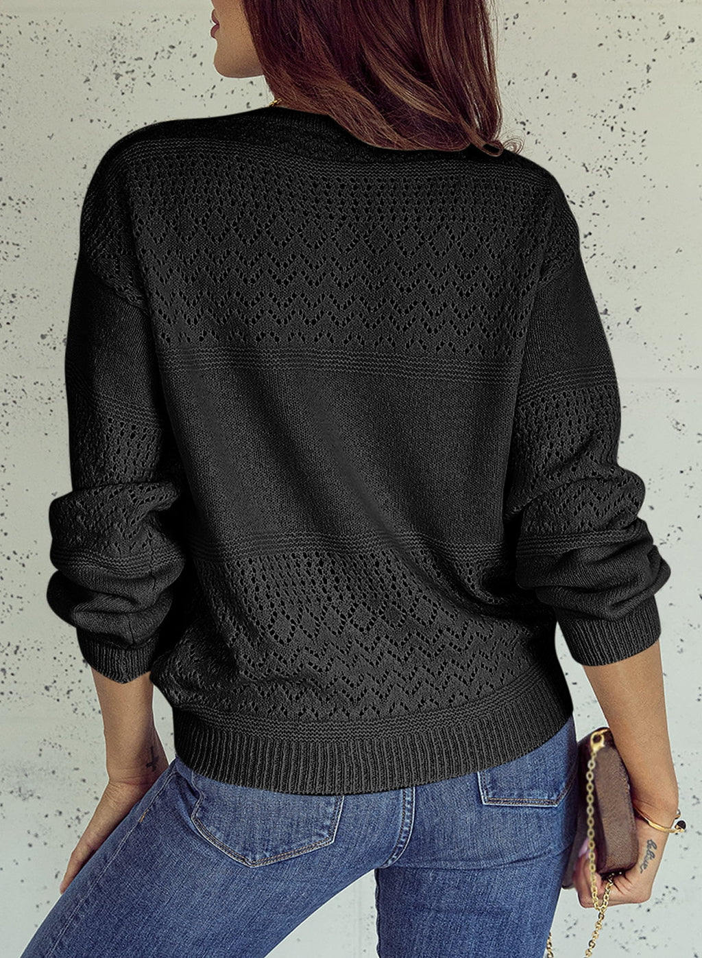 Lightweight V Neck Crochet Oversized Sweater for Women - Casual Long Sleeve Hollow Out Knit Pullover in Black, Size M