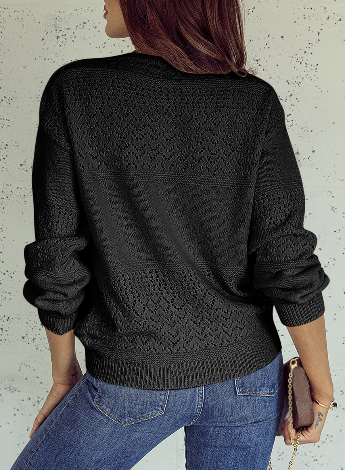 Lightweight V Neck Crochet Oversized Sweater for Women - Casual Long Sleeve Hollow Out Knit Pullover in Black, Size M
