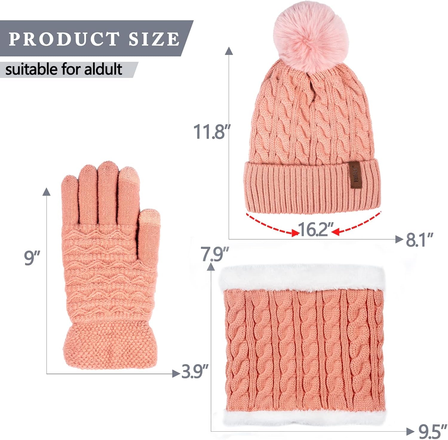 3Pcs Winter Women Beanie Hat Scarf and Touch Screen Gloves Sets Girls Classic Knit Warm Chunky Fleece Lined Cable Cap