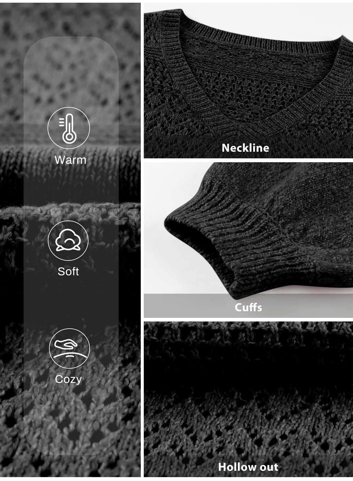 Lightweight V Neck Crochet Oversized Sweater for Women - Casual Long Sleeve Hollow Out Knit Pullover in Black, Size M