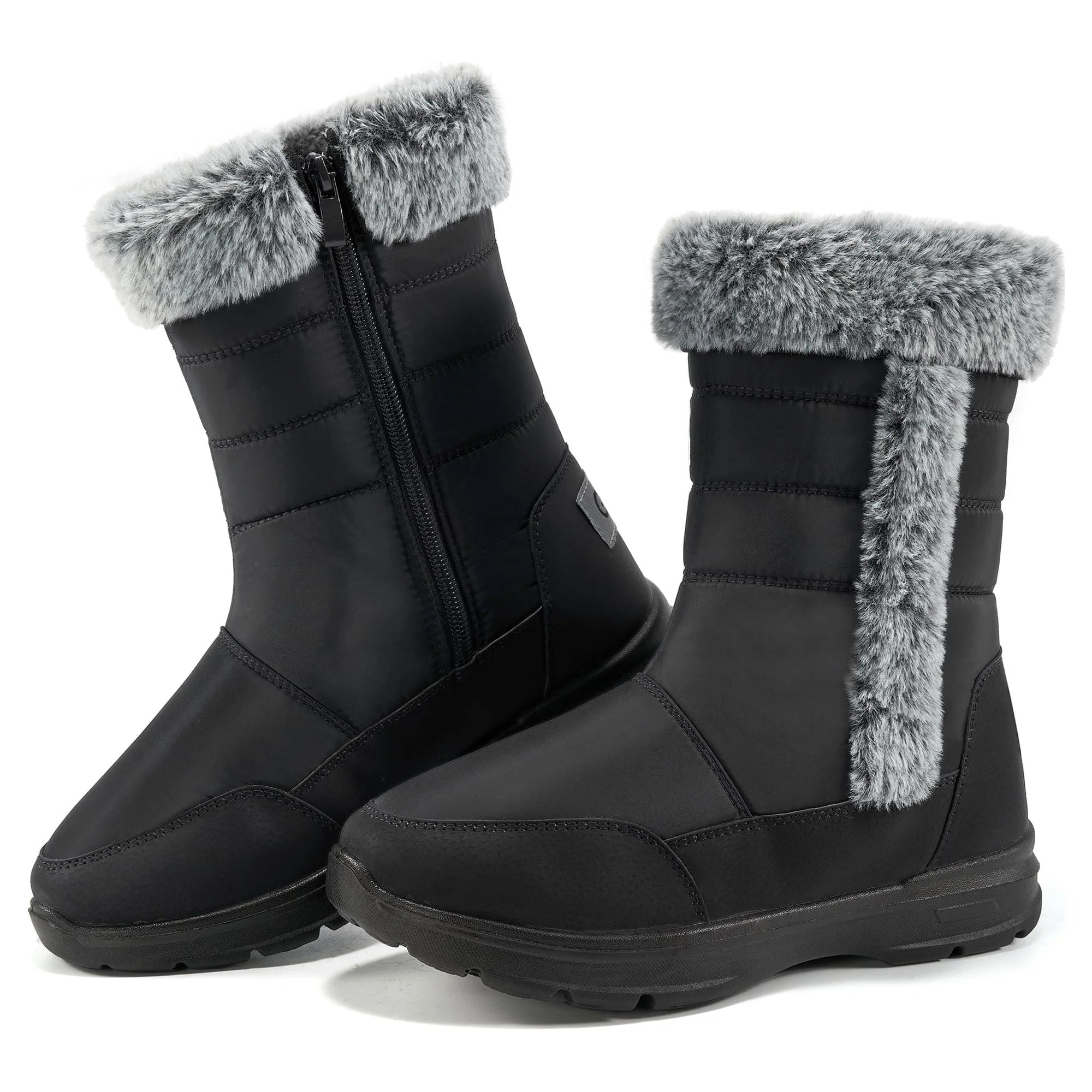 Women'S Snow Boots, Waterproof Faux Fur Lined Mid Calf, Black, Size 8