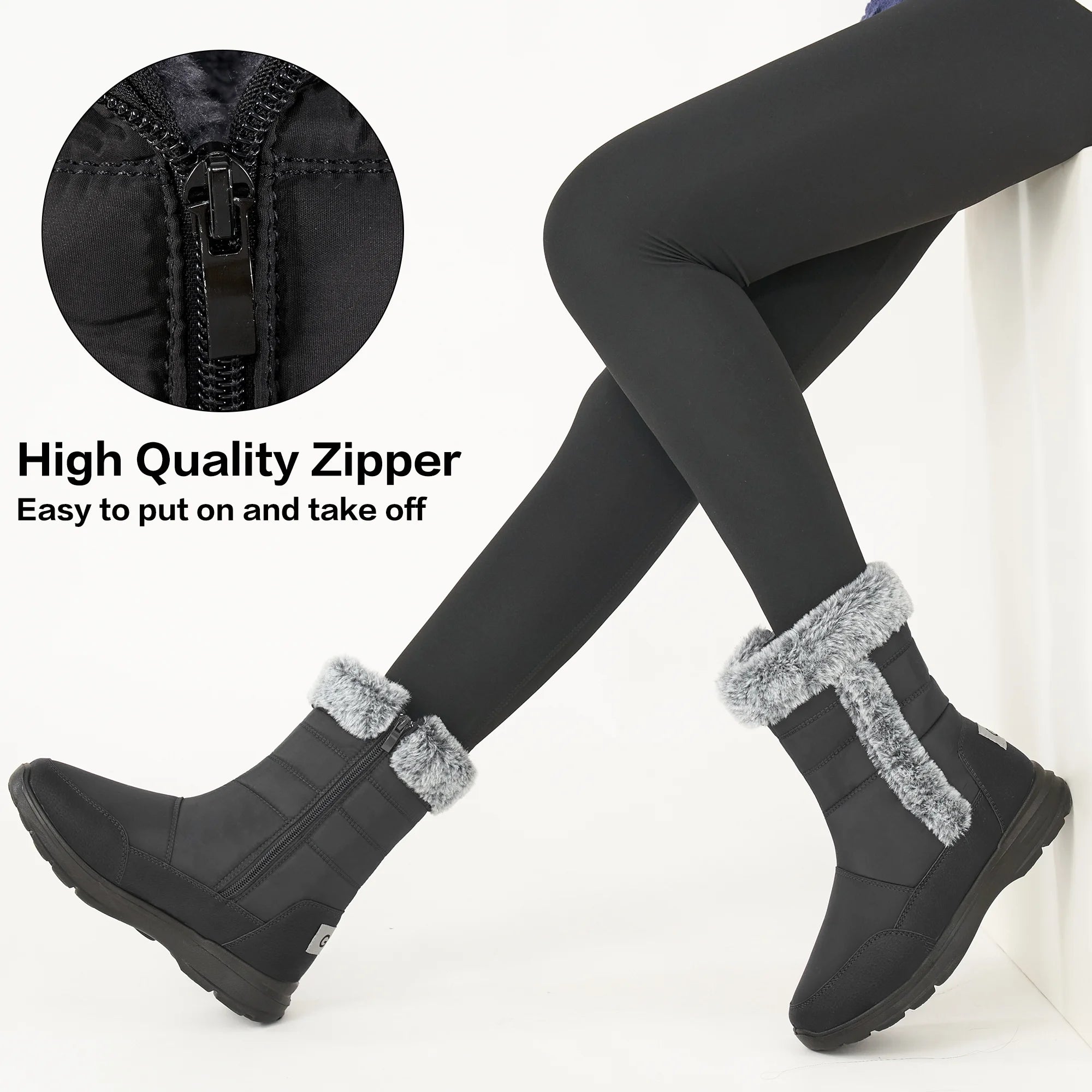 Women'S Snow Boots, Waterproof Faux Fur Lined Mid Calf, Black, Size 8