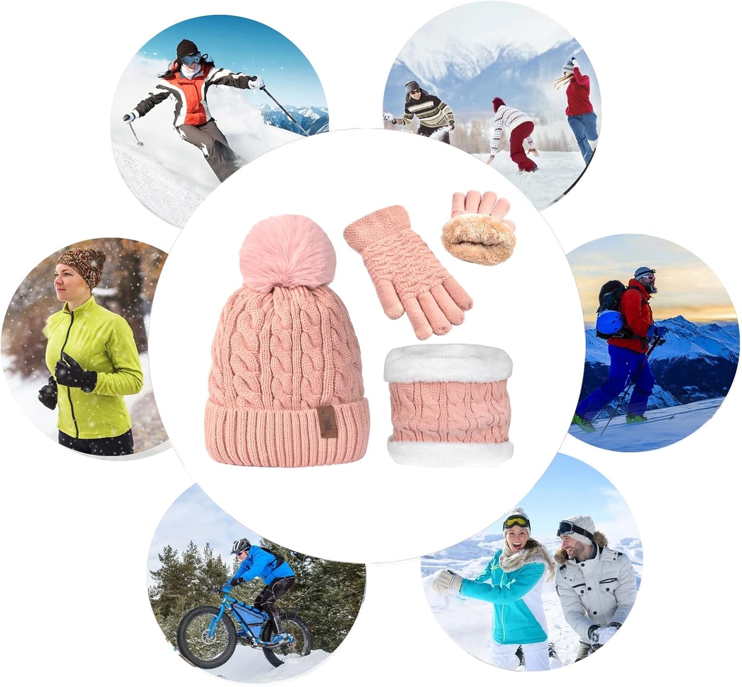 3Pcs Winter Women Beanie Hat Scarf and Touch Screen Gloves Sets Girls Classic Knit Warm Chunky Fleece Lined Cable Cap