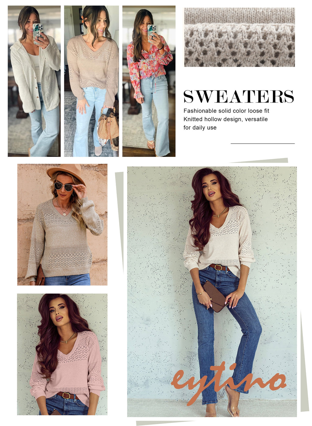Lightweight V Neck Crochet Oversized Sweater for Women - Casual Long Sleeve Hollow Out Knit Pullover in Black, Size M