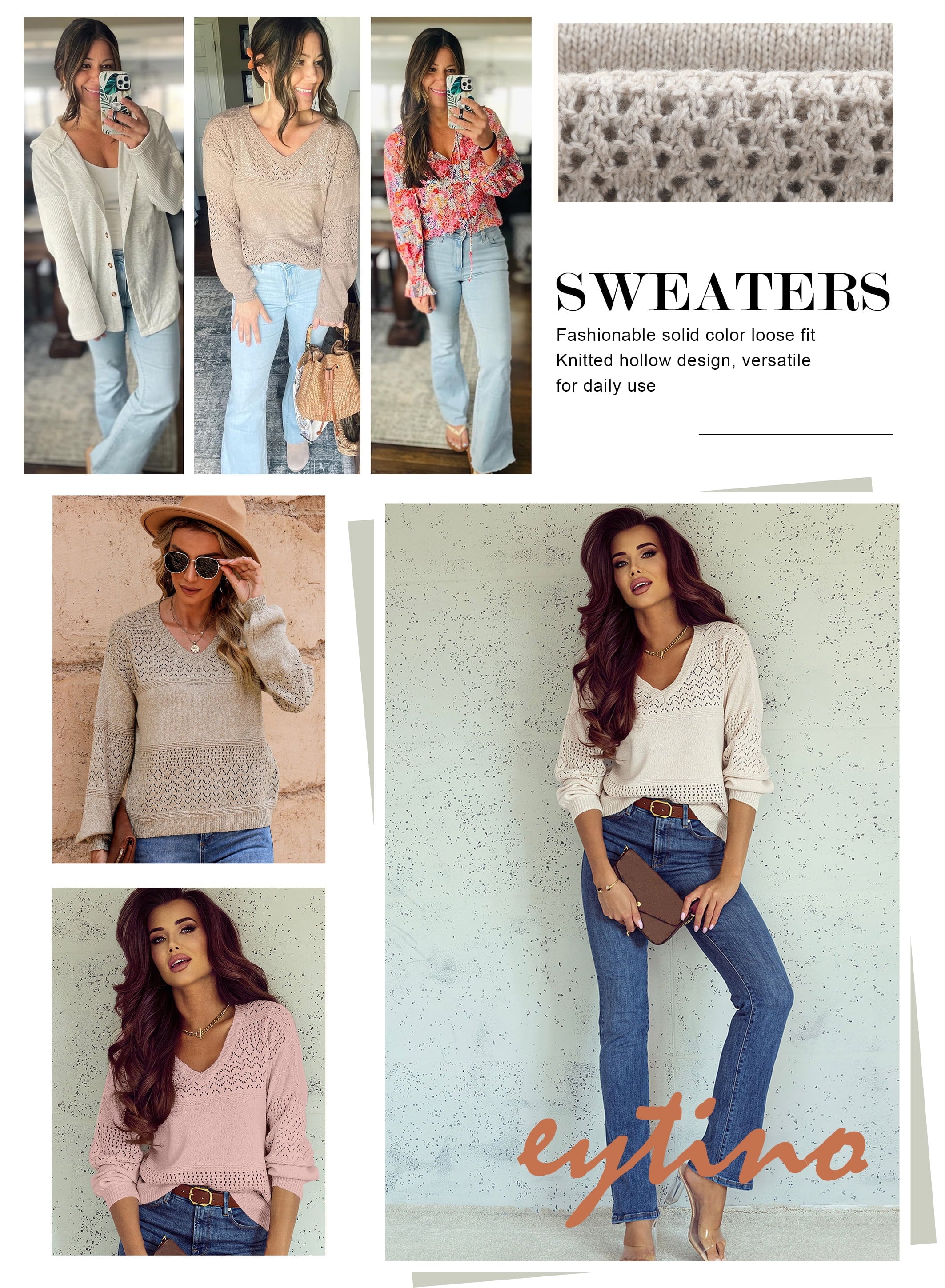 Lightweight V Neck Crochet Oversized Sweater for Women - Casual Long Sleeve Hollow Out Knit Pullover in Black, Size M