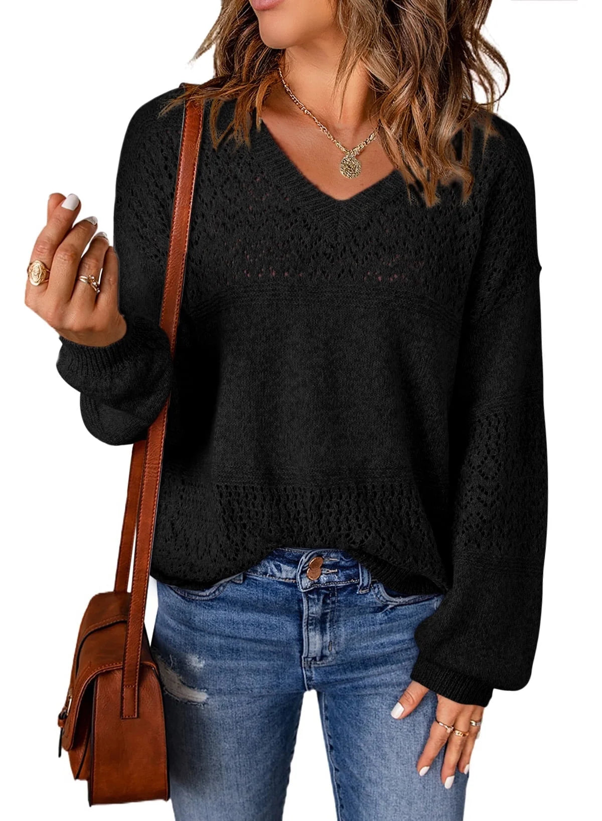 Lightweight V Neck Crochet Oversized Sweater for Women - Casual Long Sleeve Hollow Out Knit Pullover in Black, Size M